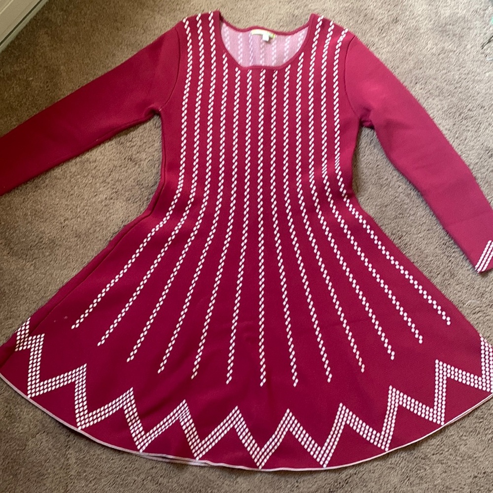 Gianni Bini Long Sleeve Fit-and-Flare Dress in Berry with White Accents